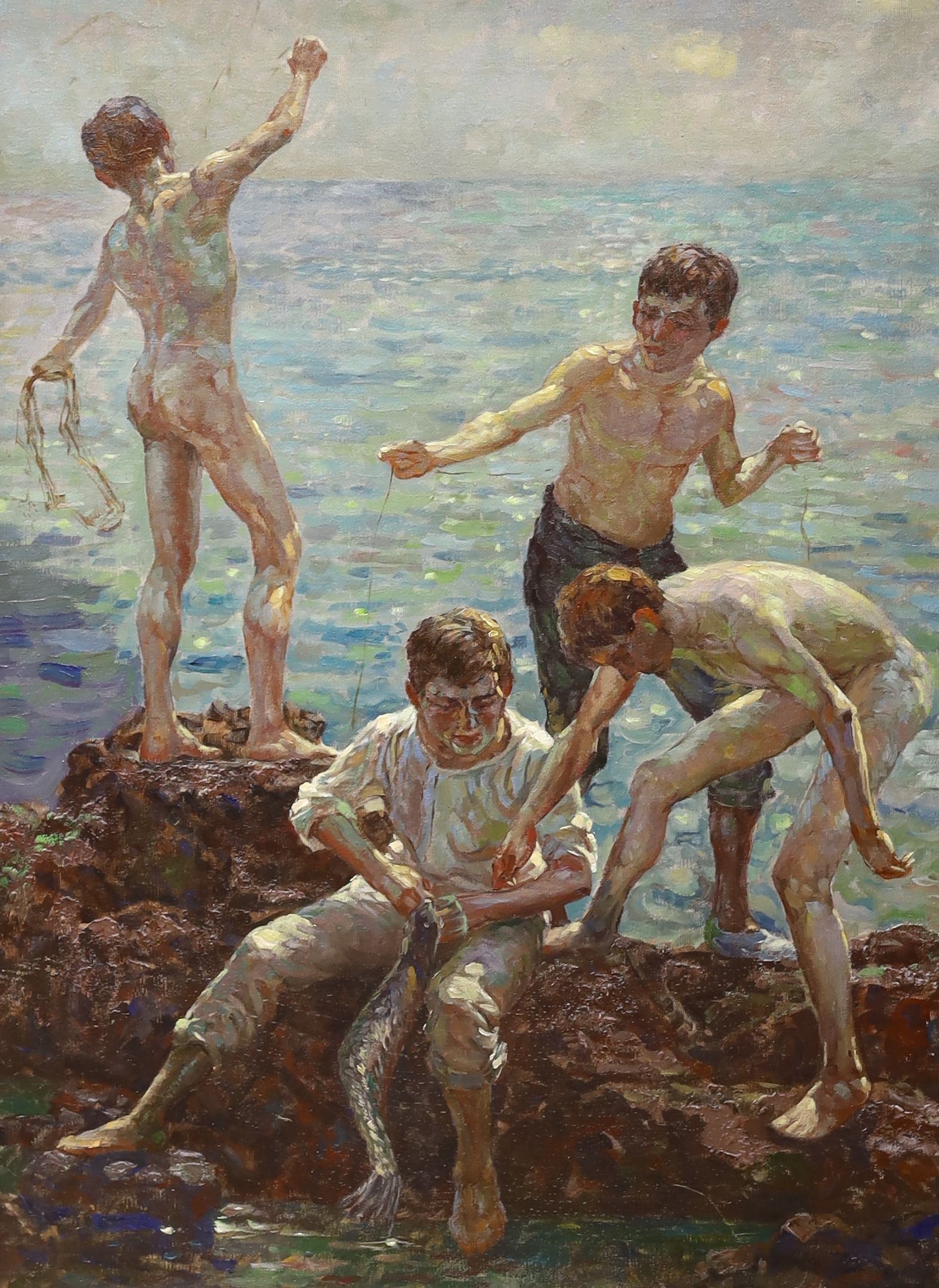 After Henry Scott Tuke, oil on canvas, Boys fishing along the shore, 60 x 45cm